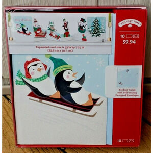 New Holiday Time Christmas Cards Expandable Glitter Penguins 10 Ct